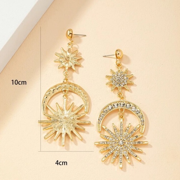 Exaggerated Crescent Moon, Sun & Star Rhinestone Gold Color Celestial Earrings - Picture 4 of 6